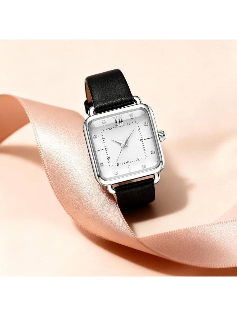 Women's White Square Dial Quartz Stainless Steel Case Leather Strap Wrist Watch - Picture 5 of 6